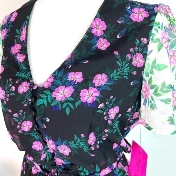 Betsey Johnson Floral Belted A-Line Dress Blue Pink Size 4 NWT V-Neck Party - Picture 4 of 14